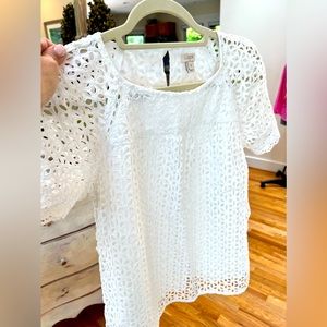 Pretty, white J. Crew blouse, with floral eyelet detail. Size 8.